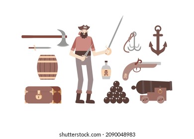 Pirata del paquete. Un corsario delgado con un sable y una daga en sus manos, un cañón, un ancla, una botella de ron, un pecho y armas piratas. Ilustración vectorial en estilo plano, aislada en blanco