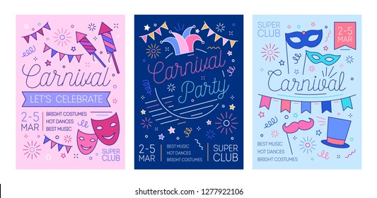 Bundle of placard, flyer or invitation templates for masquerade ball, carnival or costume party with fireworks and masks drawn with lines. Vector illustration in linear style for event promotion.