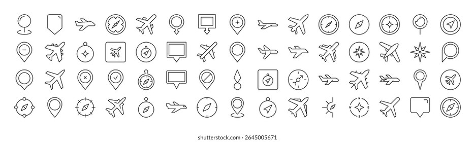 Lote de plano, pino do mapa, ícones de linha relacionados à bússola. Outline Signs para Gráficos e Web Design, Apps, Anúncios, Vários Cartões