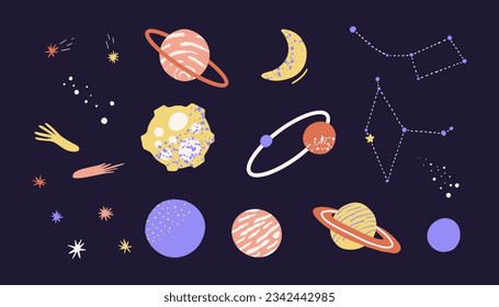 Bundle of planet, star, moon, asteroid, constellation. Set of cartoon abstract cosmic objects in outer space. Childish vector illustration for sticker, postcard, decor, t-shirt, cover, label. 
