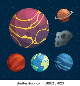 bundle of planets and asteroid space icons vector illustration design