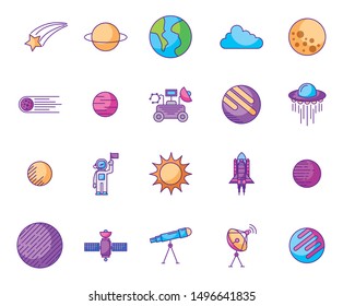 bundle of planets and space icons vector illustration design