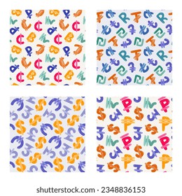 Bundle of playful simple seamless pattern with international currency symbols. Bright background with hand drawn doodle of money signs in naive style for wrapping paper, background, fabric, scrapbook.