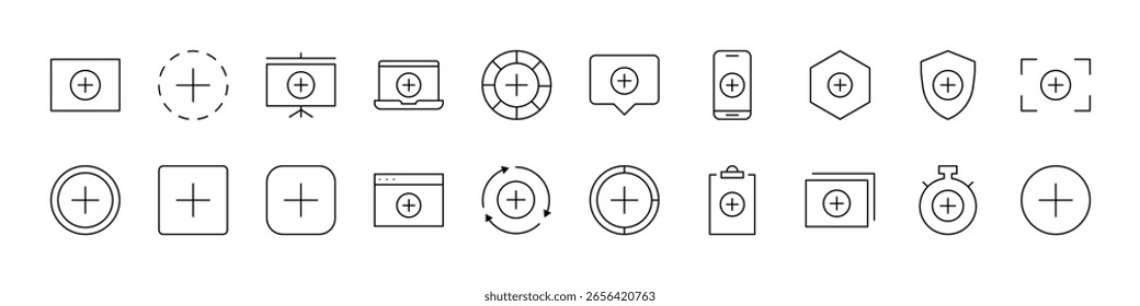 Paquete de los iconos de línea relacionados con signo más. Signos de contorno para gráficos y Diseño web, App, anuncios, varias tarjetas