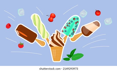 Bundle of Popsicles with berries and fruits and vanilla ice-cream cone isolated on white background. Simple tasty cute appetizing sweets collection. Flat Art Vector Illustration