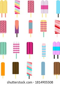 Bundle of Popsicles illustrations on white background. Simple tasty cute appetizing sweets collection. Pastel and colourful ice cream vector.