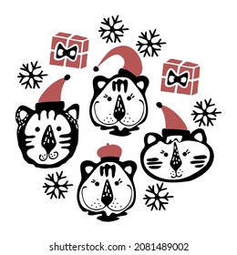 Paket von Porträts von Cartoon handgezeichnet Tiger für das Design im skandinavischen Stil. Schwarz-Weiß. Ideal für kindischen Druck, T-Shirt, Bekleidung, Karten, Poster, Kindergartendekoration. Weihnachten