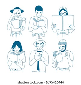 Bundle of portraits of men and women reading paper and electronic books. Set of young male and female readers drawn with contour lines on white background. Monochrome cartoon vector illustration