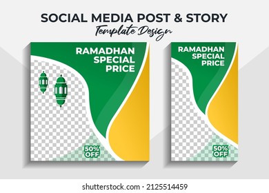 bundle post and story template design for business company social media themed ramadan