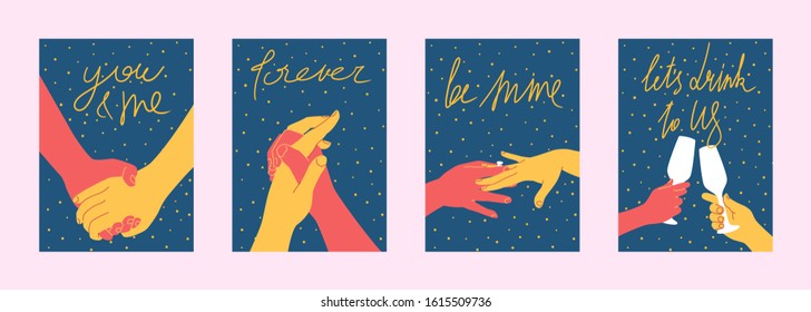 Bundle poster card or banner for valentines day 14 february with hands of a couple in love simple shape and hand written lettering love phrases