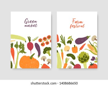 Bundle of poster or flyer templates with fresh organic locally grown vegetables and place for text on white background. Vector illustration for farm festival, green market, grocery shop advertisement.