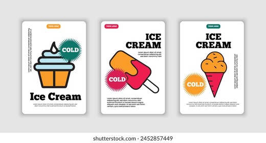 Bundle of poster ice cream highlight stories covers. Abstract trendy design, social media marketing ads