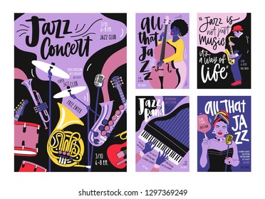 Bundle of poster, invitation and flyer templates for jazz music festival, concert, party with musical instruments, musicians and singers. Vector illustration in modern trendy hand drawn cartoon style.