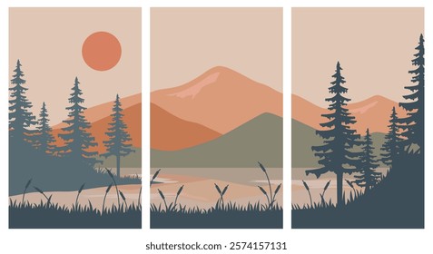bundle poster lake with little island with view of mountains vector illustration design