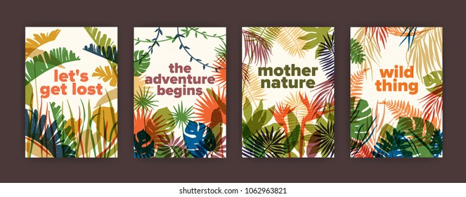 Bundle of poster templates with colorful translucent leaves of tropical jungle plants and inspiring slogans. Set of flyers with bright colored foliage of exotic palm trees. Modern vector illustration.