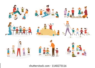 Bundle of preschool or kindergarten activities. Female teacher and children playing guitar and singing songs, reading book, walking, doing gymnastics exercise together. Cartoon vector illustration.