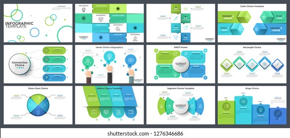 Bundle of presentation templates, page or slide layout design with infographic elements for business project progress visualization, SWOT analysis, company information, report. Vector illustration.