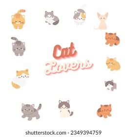 Bundle of pretty  cats isolated on white background. Set of portraits of adorable pet owners and cute domestic animals. Colorful vector illustration.