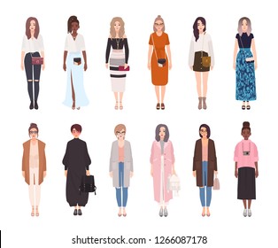 Bundle of pretty women dressed in modern fashionable clothes isolated on white background. Set of girls wearing trendy casual apparel. Collection of street style outfits. Cartoon vector illustration.