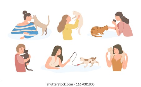 Bundle of pretty young girls and their cats isolated on white background. Set of portraits of adorable pet owners and cute domestic animals. Colorful vector illustration in flat cartoon style.