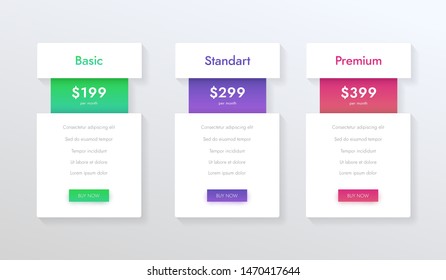 Bundle Of Price List Ui Template Vector Design. Columns With Plans. Tabs With Tariffs.