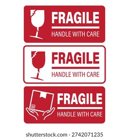 Bundle of printable fragile signs in various red designs, package handle with care labels for shipping, logistics, and protective packaging needs.