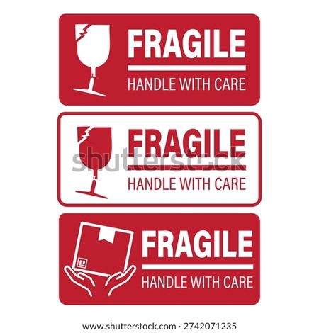 Bundle of printable fragile signs in various red designs, package handle with care labels for shipping, logistics, and protective packaging needs.