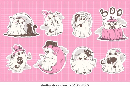 bundle of printed stickers with cute kawaii ghosts and cats. Collection of mystical creatures for decoration. Halloween character vector illustration in pink retro colors