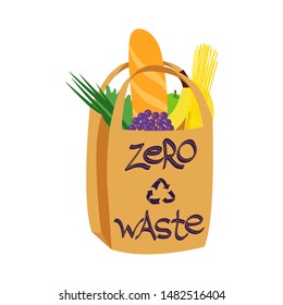 Bundle of products in paper bag isolated on white background. No plastic lifestyle. Zero waste. Flat vector illustration.
