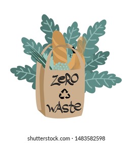 Bundle of products in paper bag with leaves isolated on white background. No plastic lifestyle. Zero waste composition in trendy colors. Flat vector illustration.
