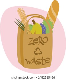 Bundle of products in paper bag on pink background. No plastic. Zero waste. Flat vector illustration.
