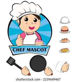 Bundle Professional girl chef brandishing, Work, Cuisine, Menu, Kitchen, Tableware, Cooking, Bakery shop cartoon art illustration logo. Premium Vector