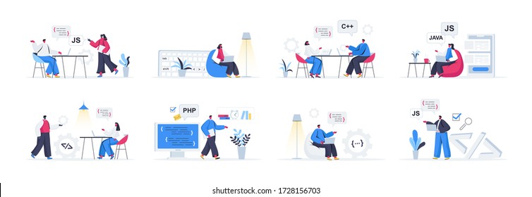 Bundle of programming scenes. Frontend and backend developers working in office, software design and coding flat vector illustration. Bundle of programming skills with people characters in situations.