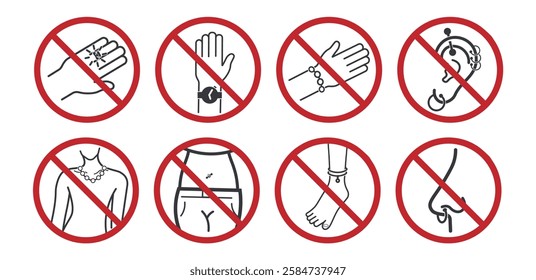 Bundle prohibitin sign, do not wear jewel, ring, watch, bracelet, piercings, necklace, for safety and security label