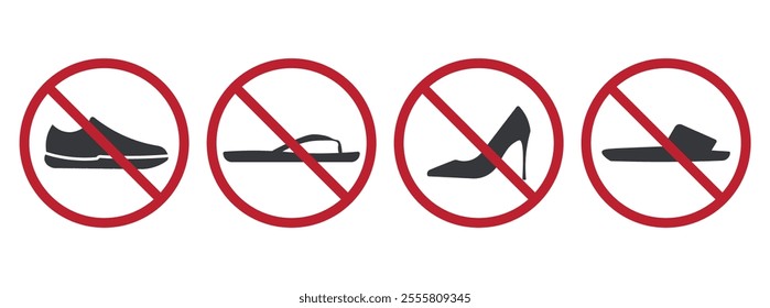 Bundle prohibition sign of shoes, high heels, sandal, flip flops, boots, footwear not allowed label