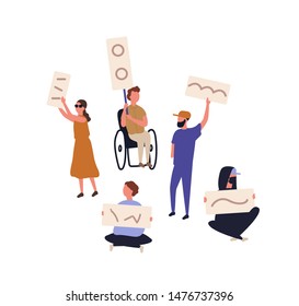 Bundle of protesters holding banners and placards. Set of people taking part in picketing, mass meeting, rally, political protest movement. Protesting men and women. Flat cartoon vector illustration.