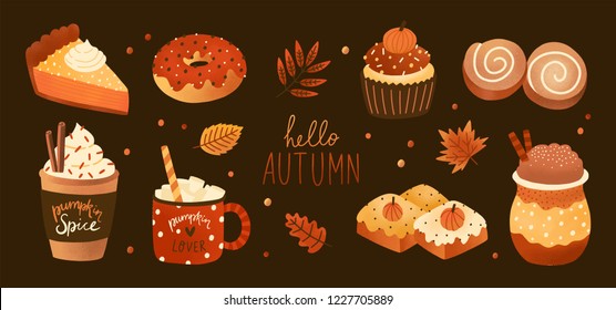 Bundle of pumpkin spice flavored sweet food products and hot drinks isolated on white background. Set of tasty confections or desserts - pie, cake, cookies, roll, donut. Colored vector illustration.