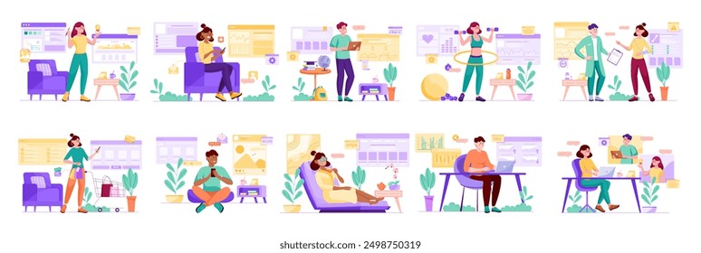 Paquete de conceptos púrpuras con escena de personas en diseño plano de dibujos animados. En esta colección se representan escenas impresionantes utilizando una hermosa paleta de colores. Ilustración vectorial.