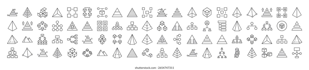 Lote de Pirâmide, Hierarquia, Cubos Ícones de Linha Relacionados. Outline Signs para Gráficos e Web Design, Apps, Anúncios, Vários Cartões