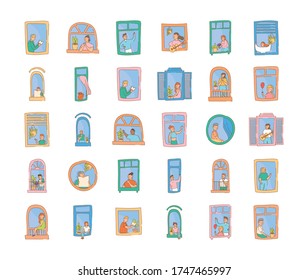 bundle of quarantine activities in apartments windows scenes vector illustration design