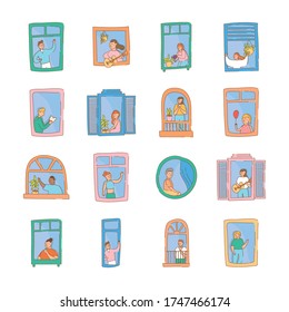 bundle of quarantine activities in apartments windows scenes vector illustration design