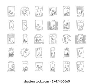 bundle of quarantine activities in apartments windows scenes vector illustration design