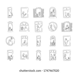 conjunto de actividades de cuarentena en apartamentos windows escenas de diseño de ilustración vectorial