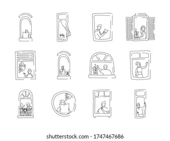 conjunto de actividades de cuarentena en apartamentos windows escenas de diseño de ilustración vectorial