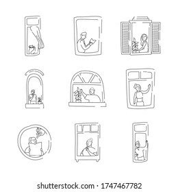 conjunto de actividades de cuarentena en apartamentos windows escenas de diseño de ilustración vectorial