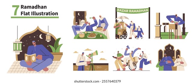 Bundle of Ramadan Activities with Muslim People in Flat Illustration Style Design