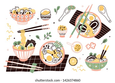 Pacote de ramen em tigelas e pauzinhos. Conjunto de refeição tradicional chinesa ou japonesa com macarrão e caldo. Coleção de saborosa sopa ou ensopado asiático, comida deliciosa. Ilustração vetorial plana dos desenhos animados.