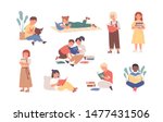 Bundle of reading children or studying kids. Collection of boys and girls with books, readers, young literature fans isolated on white background. Modern flat cartoon colorful vector illustration.