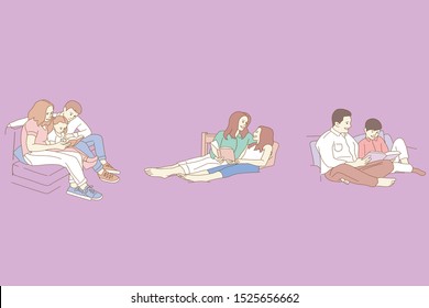 Bundle of reading children or studying kids. Collection of boys and girls with books, readers, young literature fans isolated on white background. Modern flat cartoon colorful vector illustration.