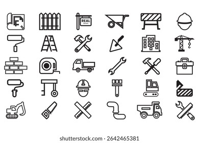 Bundle of real estate and construction vector icon element. The icon including crane, truck, hammer, vehicle, helmet, paint brush, ladder, brick, excavator, engineering building tools and more icon